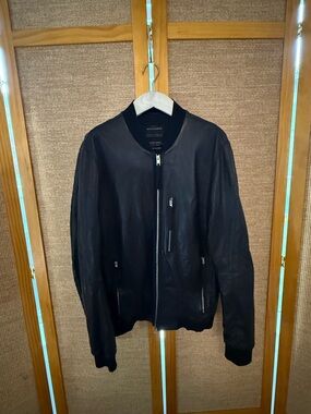 All Saints Black Leather Bomber Jacket with Zip Pockets